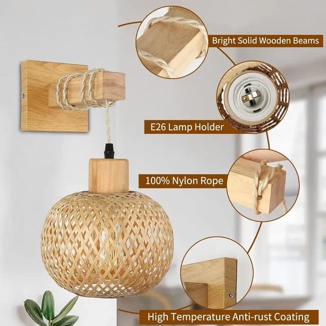 Bamboo wall lamp with lantern shape hand-woven lampshade, E26 lamp base, compatible with bedrooms and living rooms - Image 2