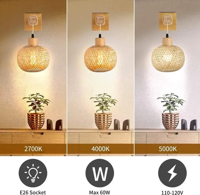 Bamboo wall lamp with lantern shape hand-woven lampshade, E26 lamp base, compatible with bedrooms and living rooms - Image 4