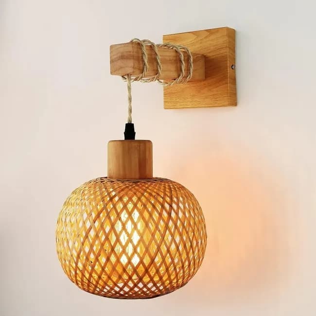 Bamboo wall lamp with lantern shape hand-woven lampshade, E26 lamp base, compatible with bedrooms and living rooms - Image 5