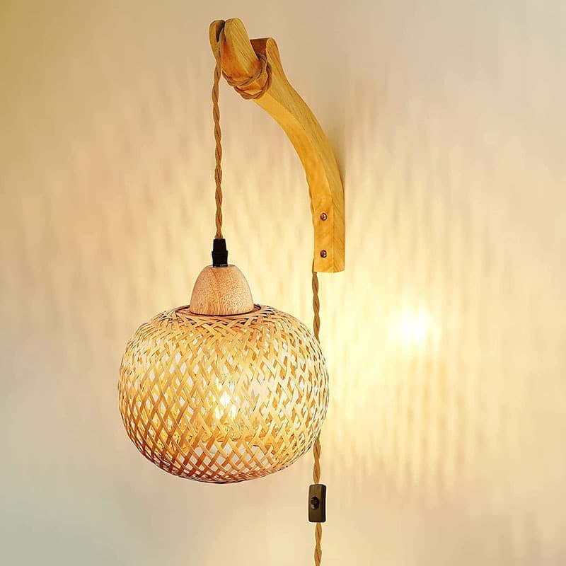 Bamboo wall lamp with lantern shape hand-woven lampshade, E26 lamp base, compatible with bedrooms and living rooms - Image 6
