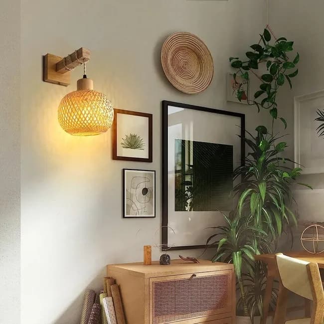 Bamboo wall lamp with lantern shape hand-woven lampshade, E26 lamp base, compatible with bedrooms and living rooms - Image 7