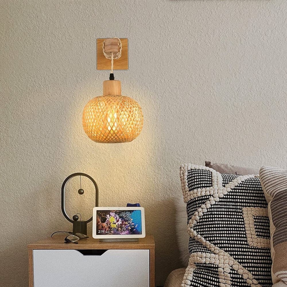 Bamboo wall lamp with lantern shape hand-woven lampshade, E26 lamp base, compatible with bedrooms and living rooms - Image 8
