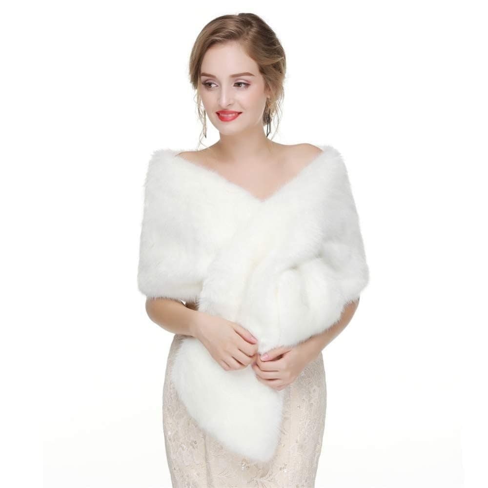 White Faux Fur Scarf Shawl for Women, Warm Large Long, with Faux Fur Trim, for Party Wedding Evening Dress Winter - Image 1