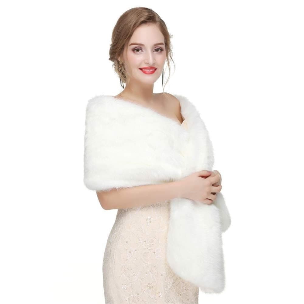 White Faux Fur Scarf Shawl for Women, Warm Large Long, with Faux Fur Trim, for Party Wedding Evening Dress Winter - Image 2