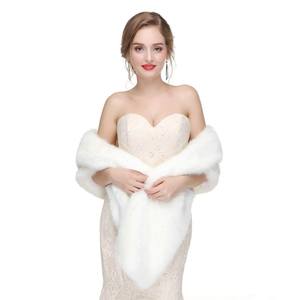 White Faux Fur Scarf Shawl for Women, Warm Large Long, with Faux Fur Trim, for Party Wedding Evening Dress Winter - Image 3