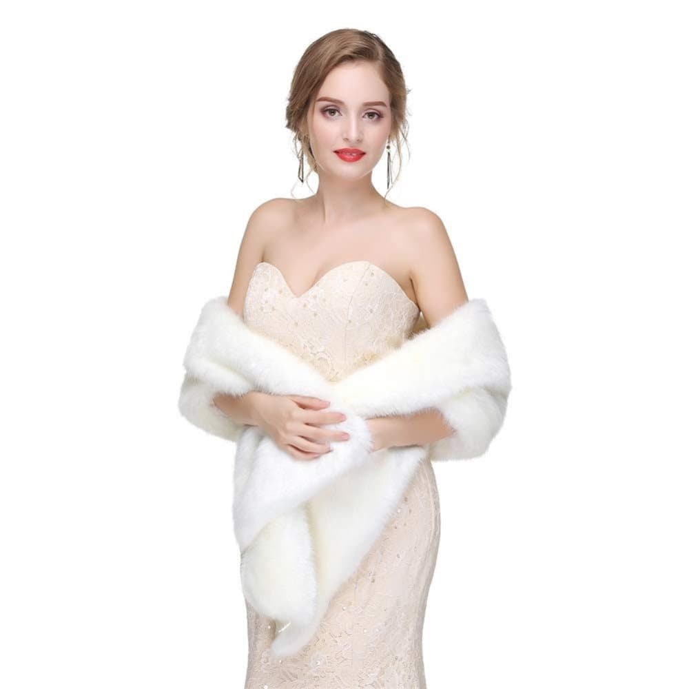 White Faux Fur Scarf Shawl for Women, Warm Large Long, with Faux Fur Trim, for Party Wedding Evening Dress Winter - Image 4