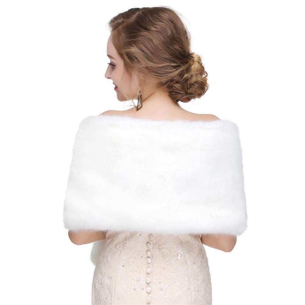 White Faux Fur Scarf Shawl for Women, Warm Large Long, with Faux Fur Trim, for Party Wedding Evening Dress Winter - Image 5
