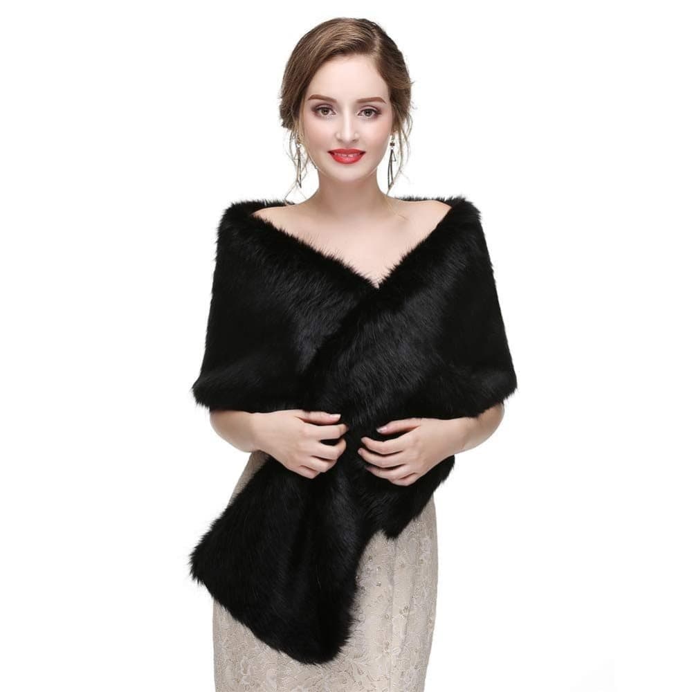 Black Faux Fur Scarf Shawl for Women, Warm Long Large Bridal Shoulder Warmer for Party Wedding Evening Dress Winter Use - Image 1