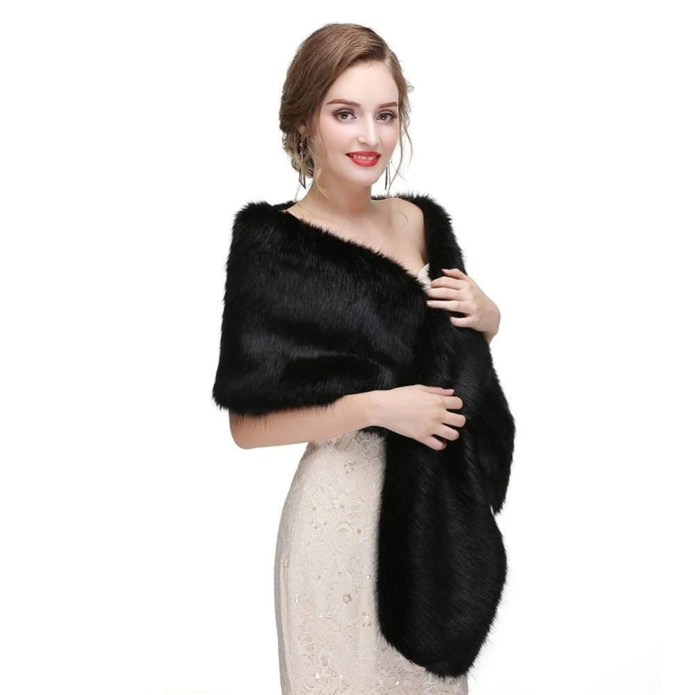 Black Faux Fur Scarf Shawl for Women, Warm Long Large Bridal Shoulder Warmer for Party Wedding Evening Dress Winter Use - Image 2