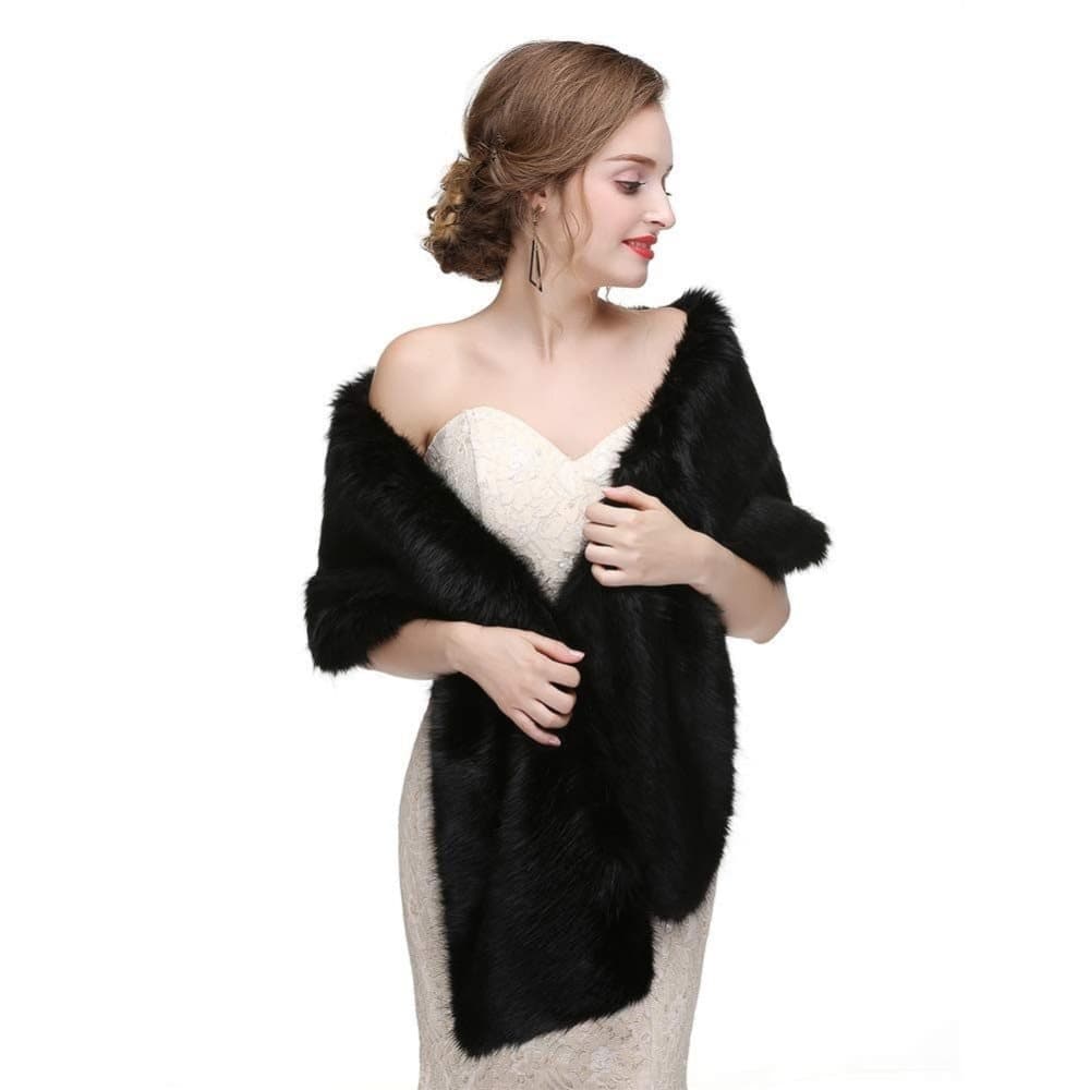 Black Faux Fur Scarf Shawl for Women, Warm Long Large Bridal Shoulder Warmer for Party Wedding Evening Dress Winter Use - Image 3