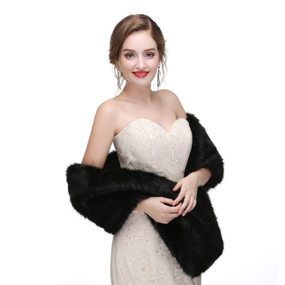 Black Faux Fur Scarf Shawl for Women, Warm Long Large Bridal Shoulder Warmer for Party Wedding Evening Dress Winter Use - Image 4