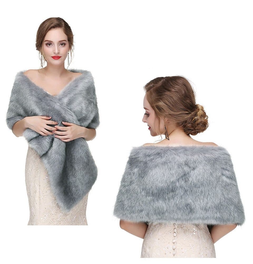 Faux Fur Scarf Shawl for Women, Warm Long Large, with Faux Fur Trim, Gray - Image 1
