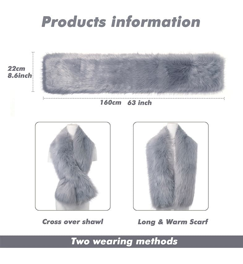 Faux Fur Scarf Shawl for Women, Warm Long Large, with Faux Fur Trim, Gray - Image 2