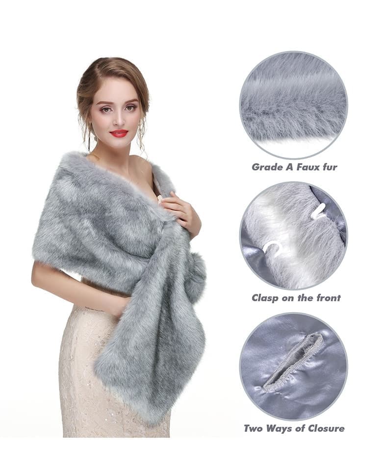 Faux Fur Scarf Shawl for Women, Warm Long Large, with Faux Fur Trim, Gray - Image 3