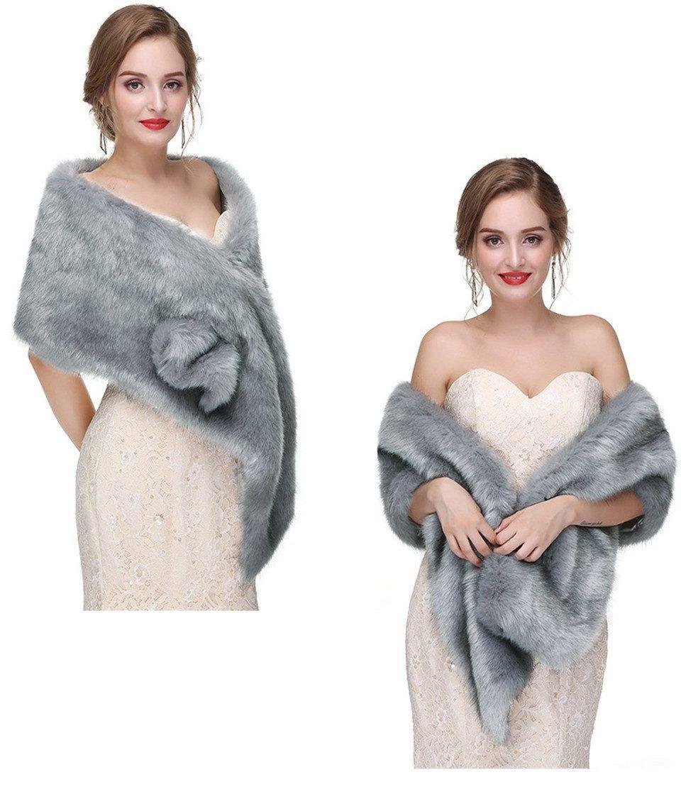 Faux Fur Scarf Shawl for Women, Warm Long Large, with Faux Fur Trim, Gray - Image 5