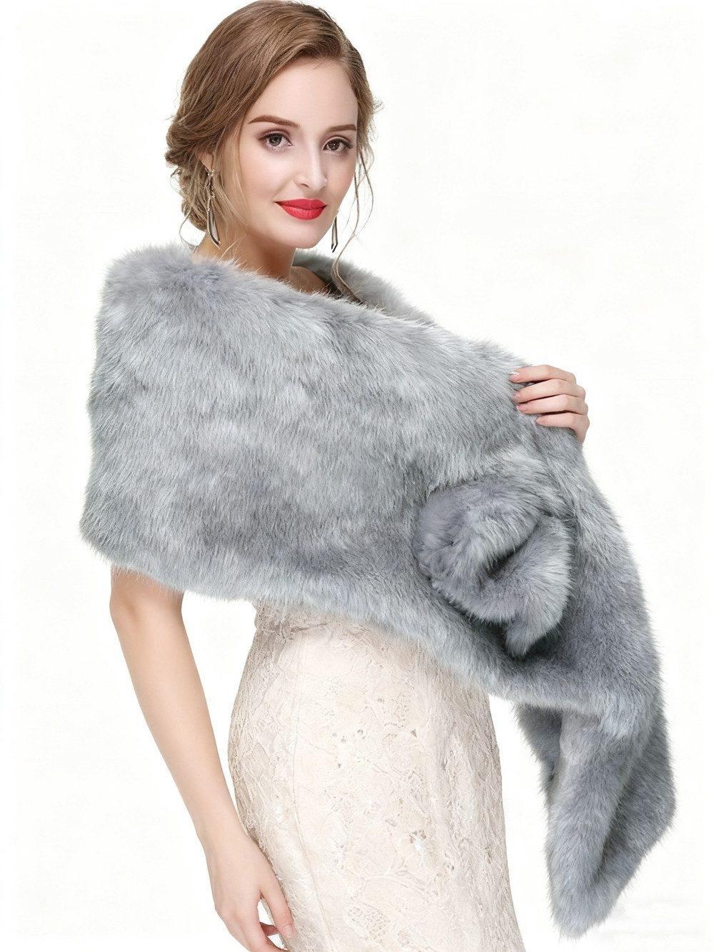 Faux Fur Scarf Shawl for Women, Warm Long Large, with Faux Fur Trim, Gray - Image 6