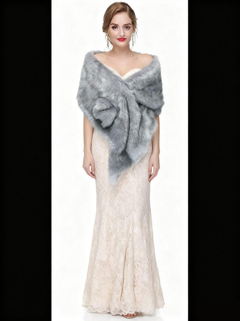 Faux Fur Scarf Shawl for Women, Warm Long Large, with Faux Fur Trim, Gray - Image 7