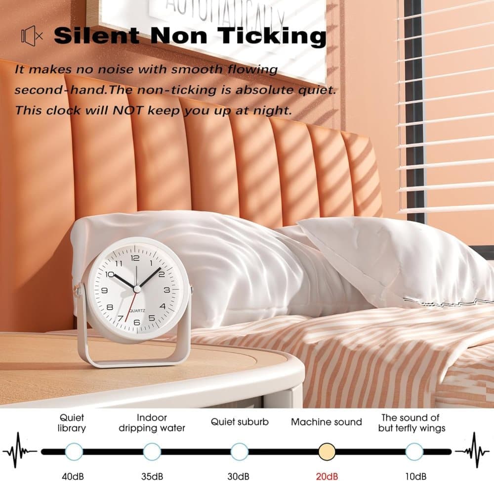 Silent Analog Alarm Clock with Night Light Adjustable Angle for Travel Nightstand Bedroom, Orange Metal - Image 6