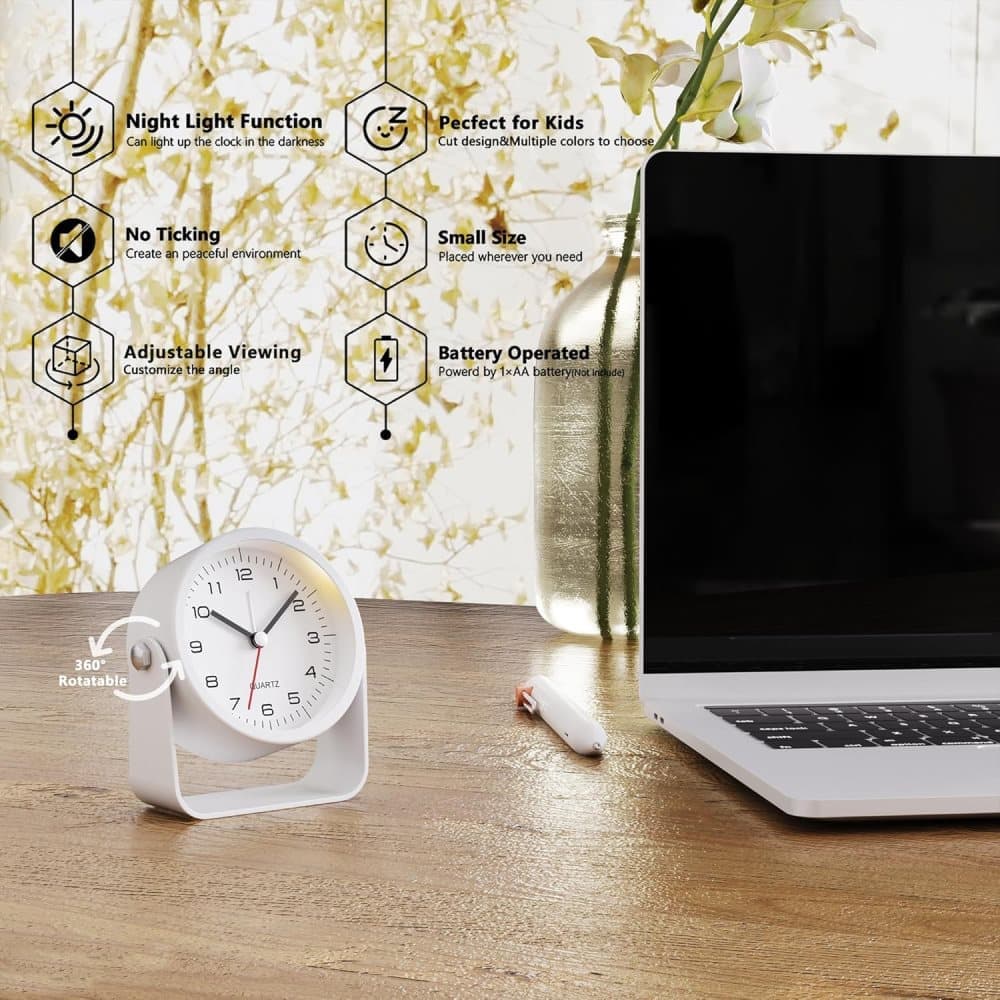 Silent Analog Alarm Clock with Night Light, Adjustable Angle for Travel Nightstand Bedroom, Black, 3.5 inches - Image 2