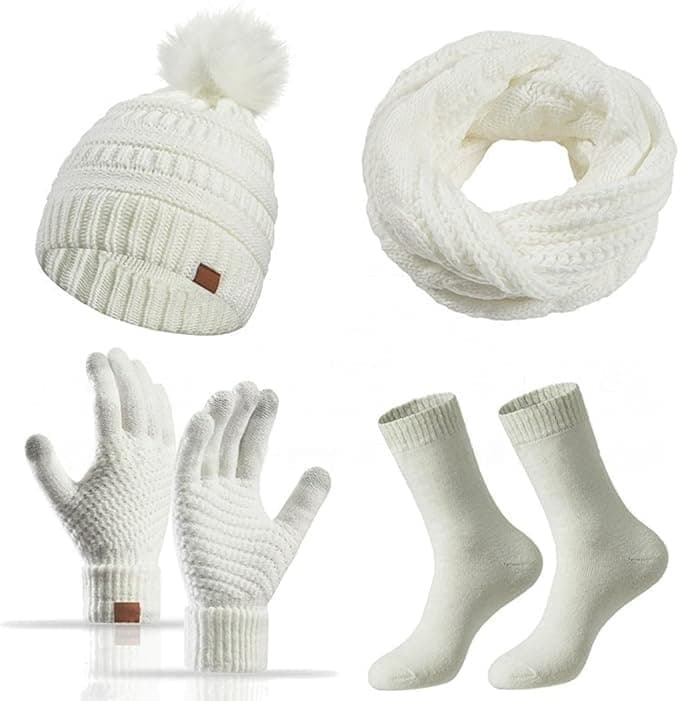 4-Piece Knitted Hat Scarf Gloves Socks Set for Women, White, with Pompom and Touch Gloves - Image 1