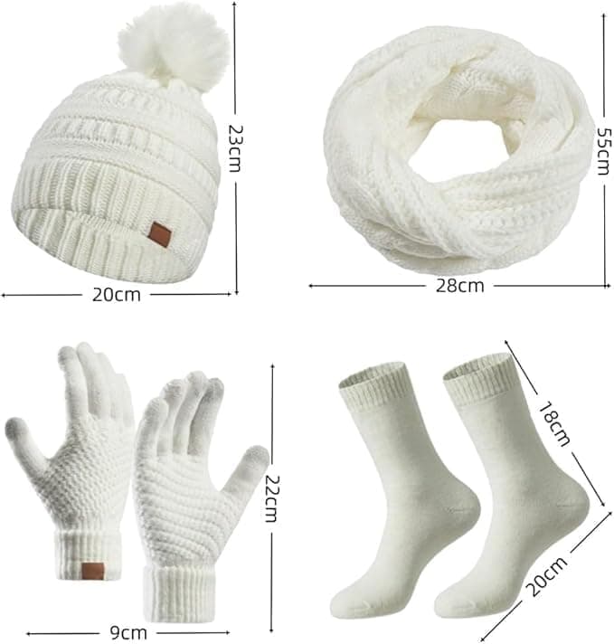 4-Piece Knitted Hat Scarf Gloves Socks Set for Women, White, with Pompom and Touch Gloves - Image 2