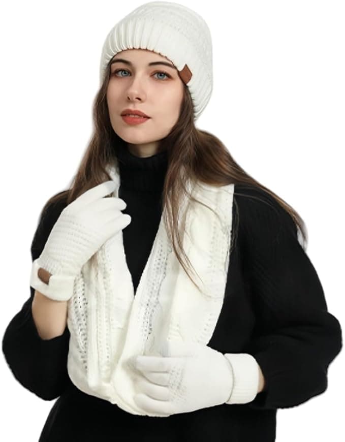 4-Piece Knitted Hat Scarf Gloves Socks Set for Women, White, with Pompom and Touch Gloves - Image 3