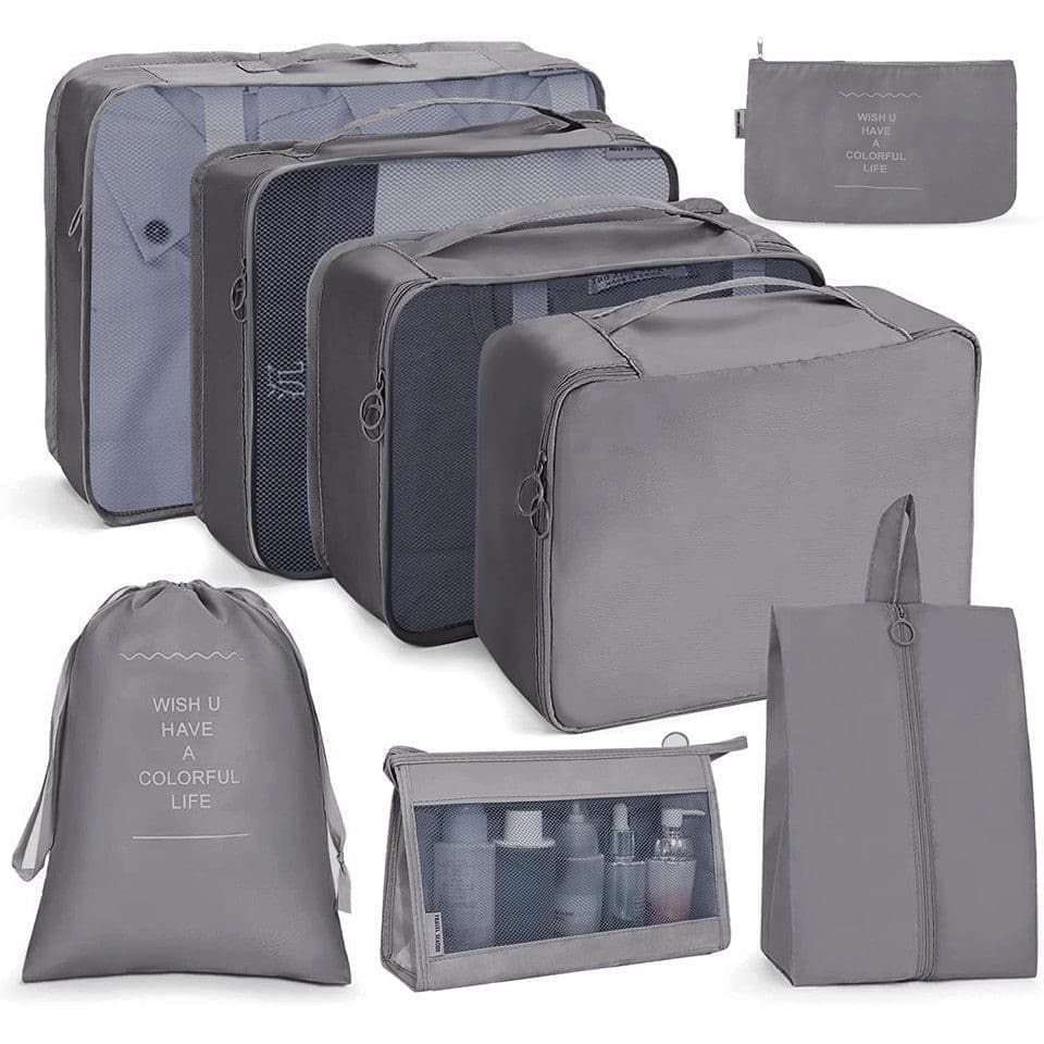 8-Piece Lightweight Water Resistant Travel Organizer for Bags, Gray - Image 1