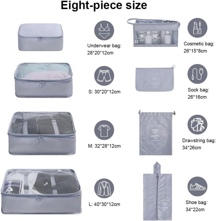 8-Piece Lightweight Water Resistant Travel Organizer for Bags, Gray - Image 2