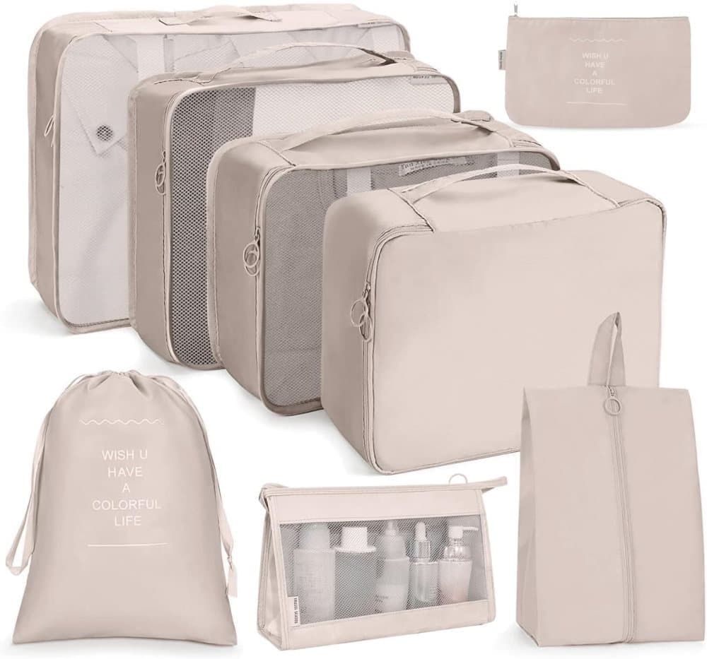 8-Piece Lightweight Water Resistant Travel Organizer for Bags, Beige - Image 1