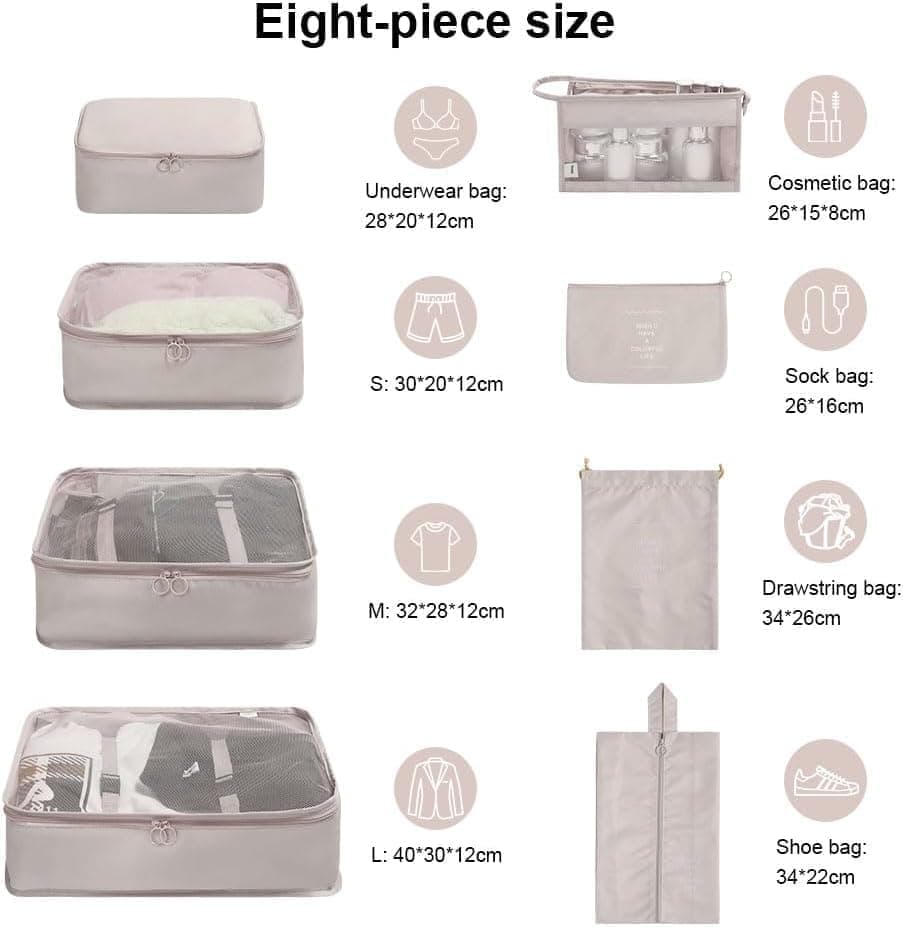 8-Piece Lightweight Water Resistant Travel Organizer for Bags, Beige - Image 2