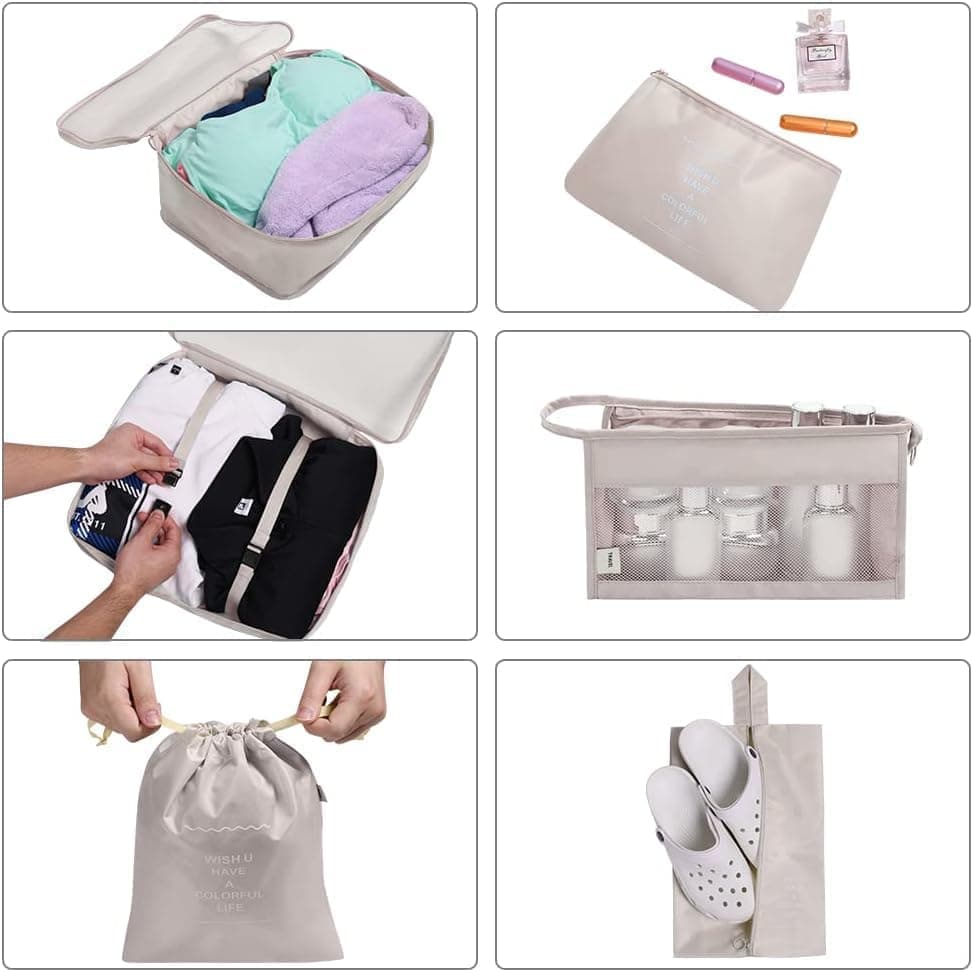 8-Piece Lightweight Water Resistant Travel Organizer for Bags, Beige - Image 5