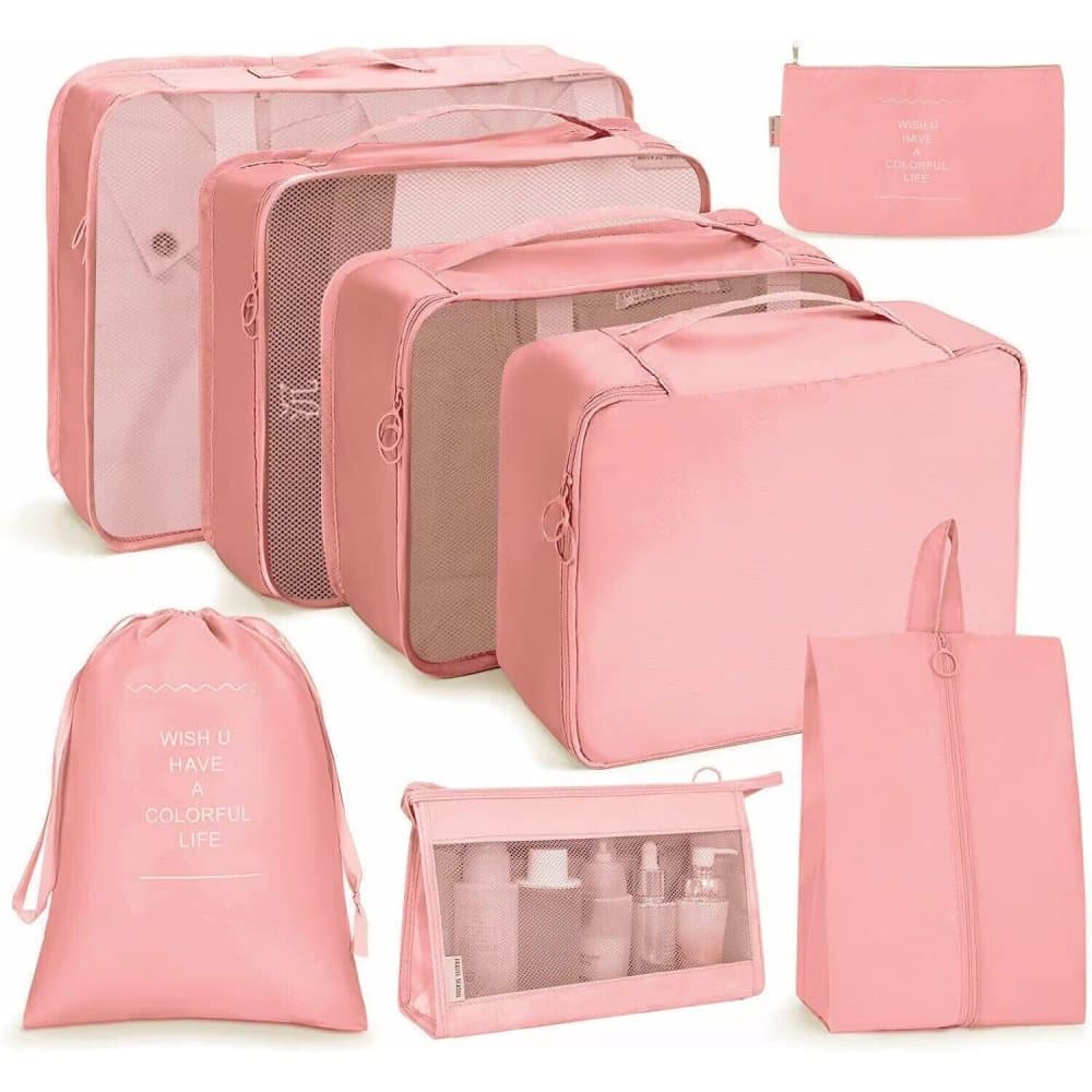 8-Piece Lightweight Water Resistant Travel Organizer for Bags, Pink - Image 1