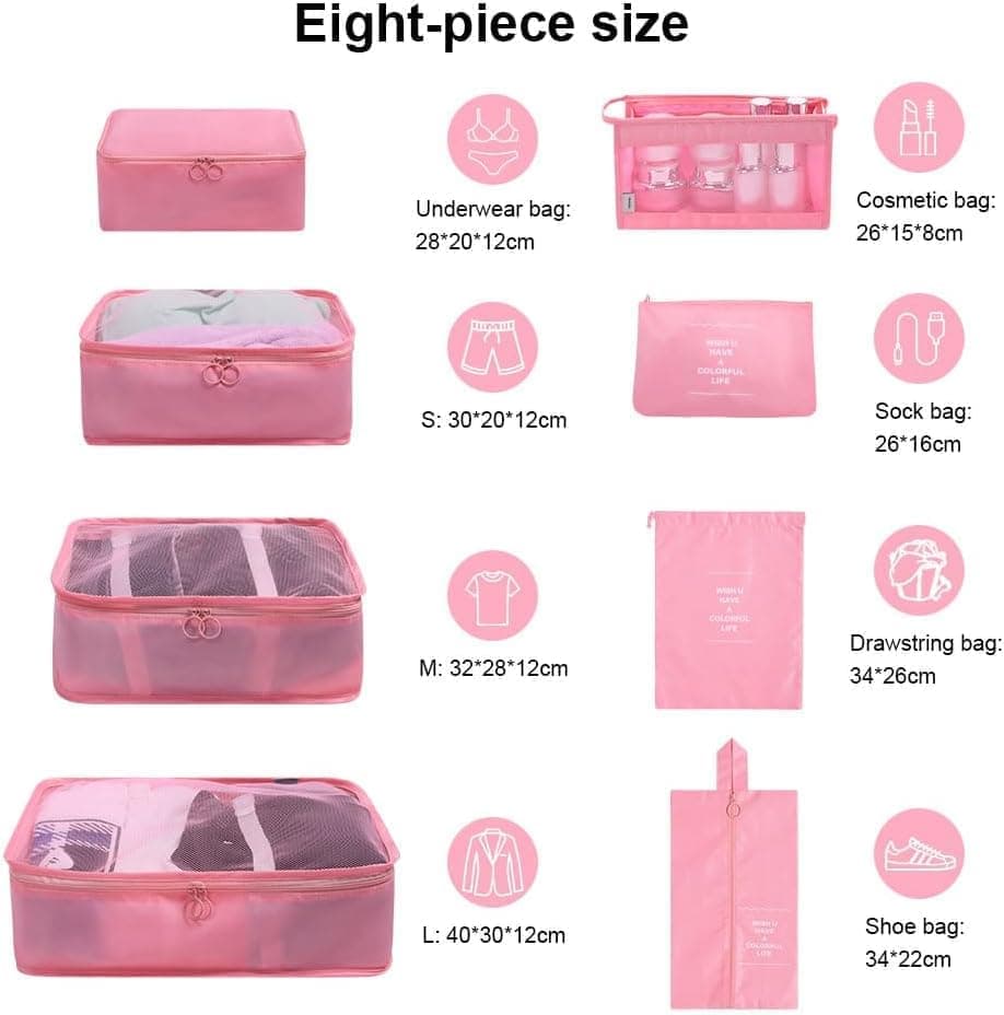 8-Piece Lightweight Water Resistant Travel Organizer for Bags, Pink - Image 2