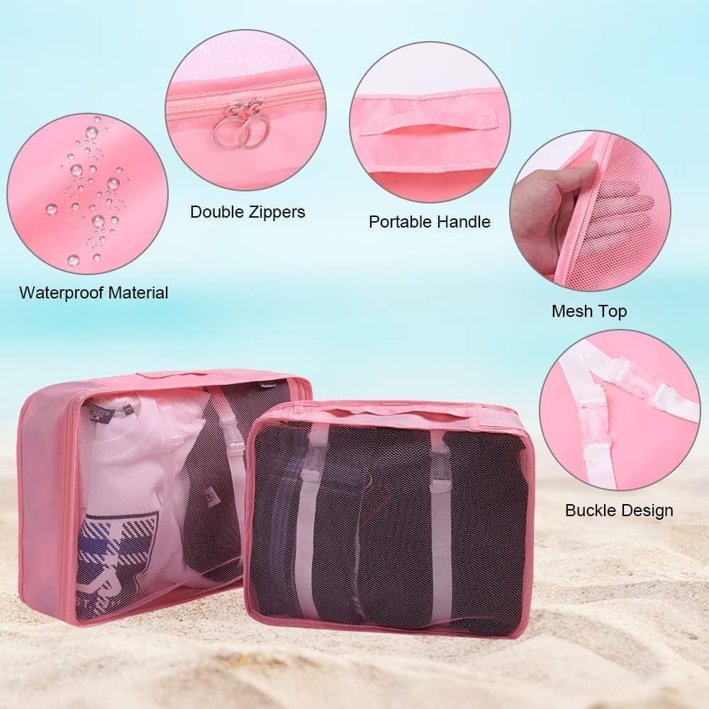 8-Piece Lightweight Water Resistant Travel Organizer for Bags, Pink - Image 3