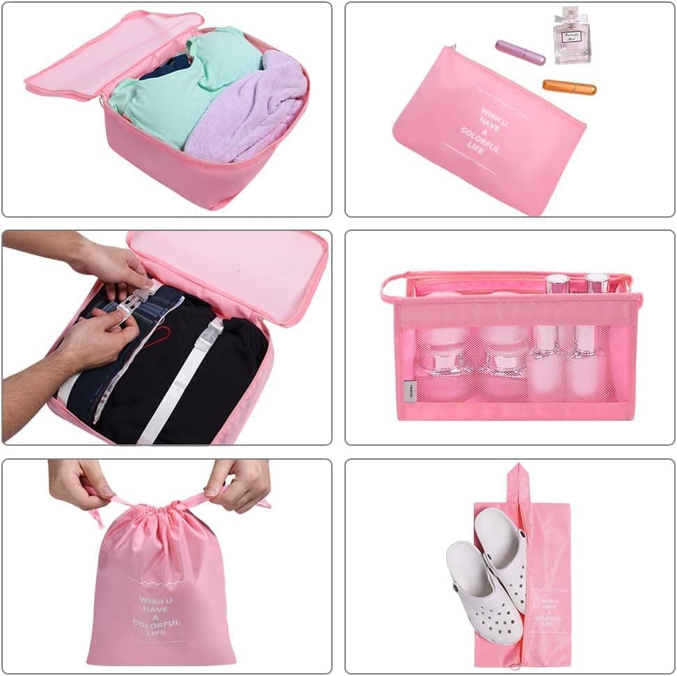 8-Piece Lightweight Water Resistant Travel Organizer for Bags, Pink - Image 5