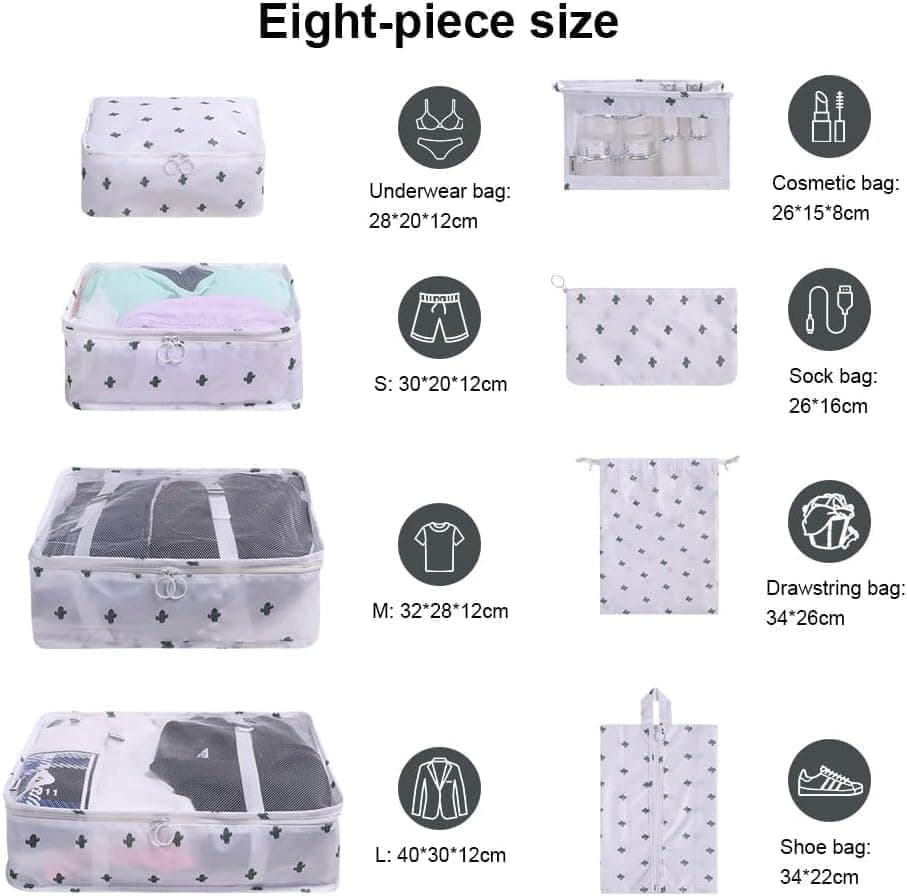 8-Piece Travel Organizer for Bags, Water Resistant Lightweight, White - Image 2