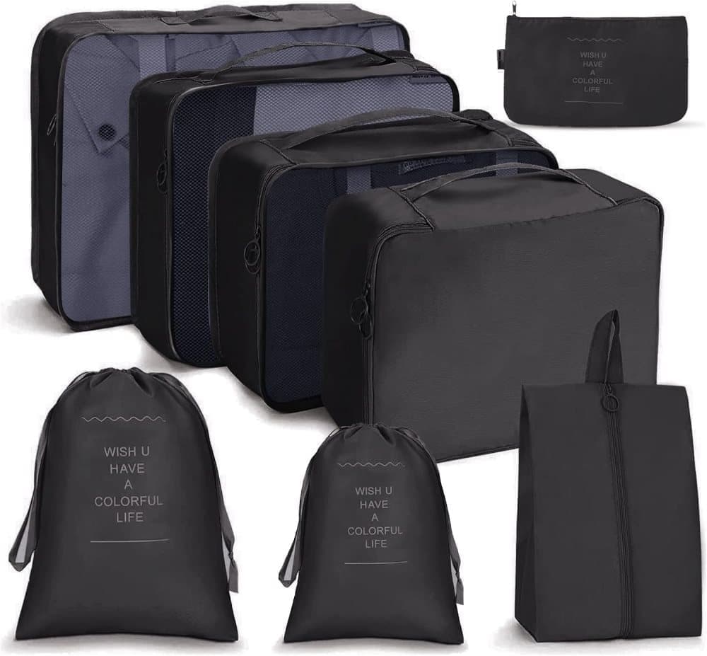 8-Piece Water Resistant Lightweight Travel Organizer for Bags, Black - Image 1
