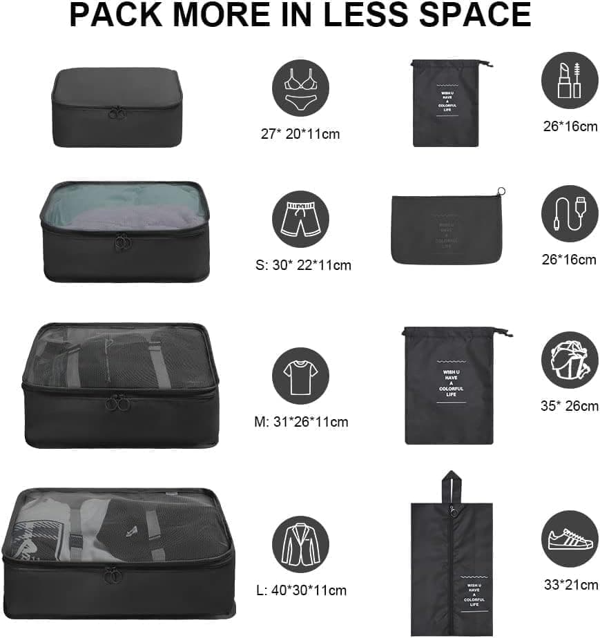 8-Piece Water Resistant Lightweight Travel Organizer for Bags, Black - Image 2