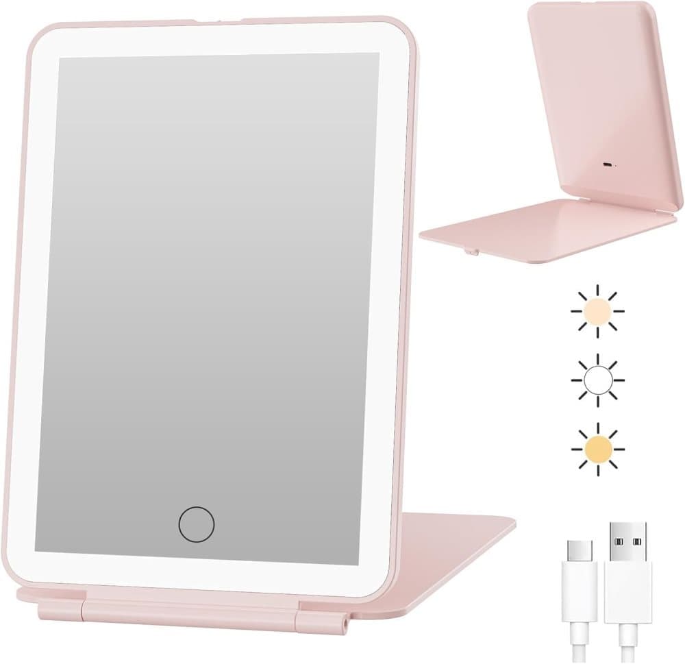 Rechargeable Portable Foldable Makeup Mirror with 3 Color Modes Adjustable Lighting - Image 1