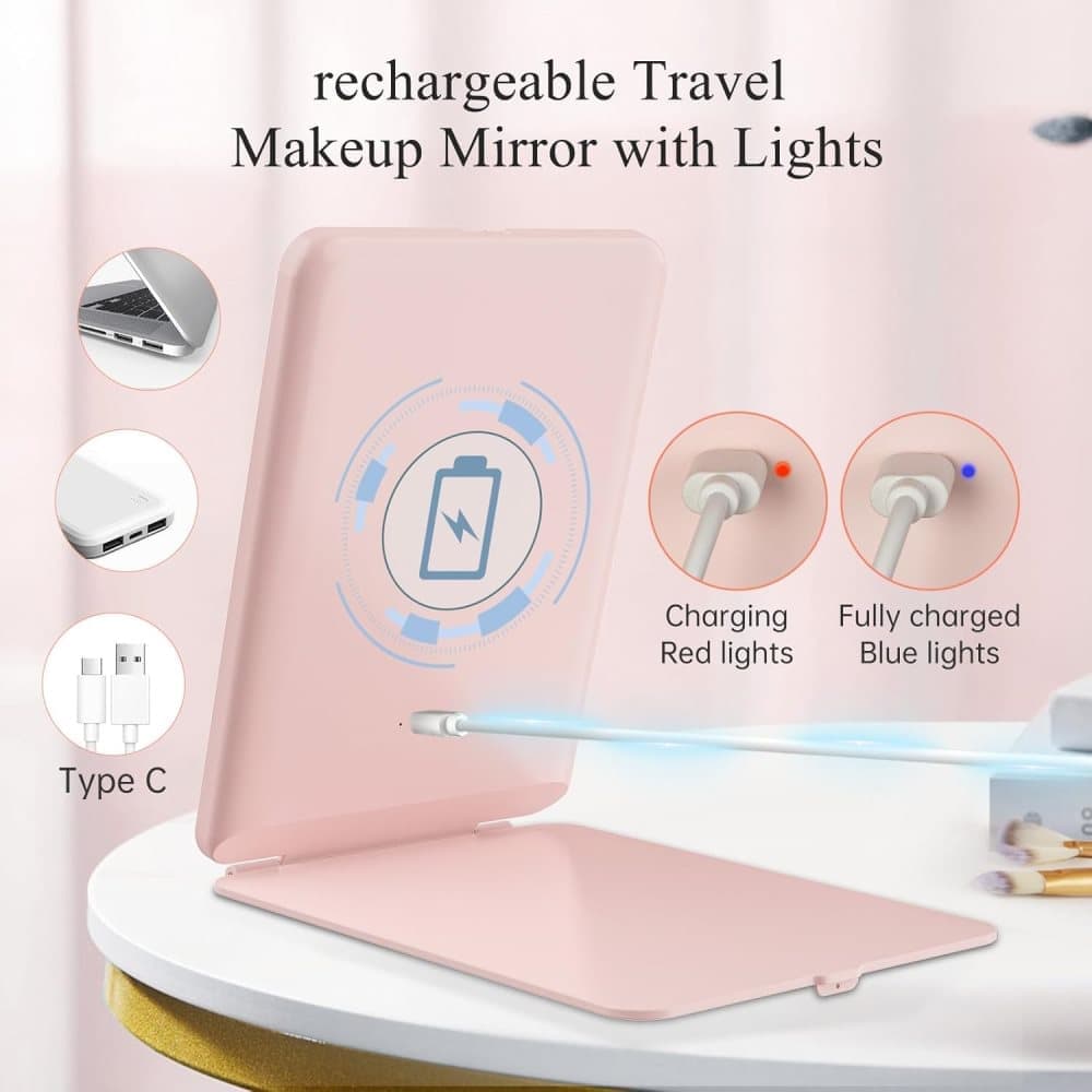 Rechargeable Portable Foldable Makeup Mirror with 3 Color Modes Adjustable Lighting - Image 3