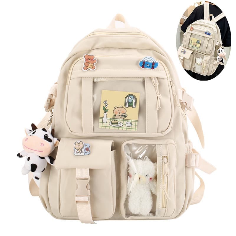 Kids School Backpack with Accessories, 43x31 cm, for Children and Teens, Beige - Image 1