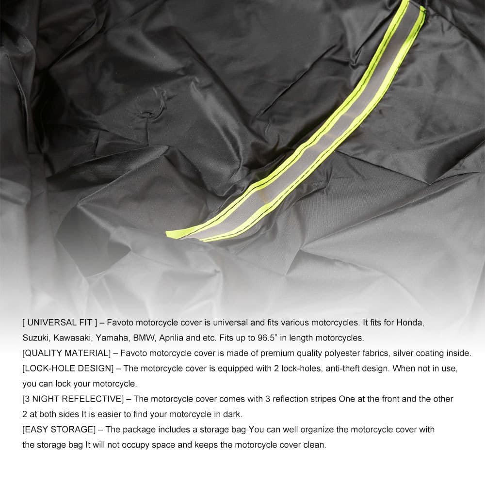 Waterproof Motorcycle and Moped Cover with Reflective Strips, Rain UV Dust Resistant, Black, 265x105x125cm - Image 3