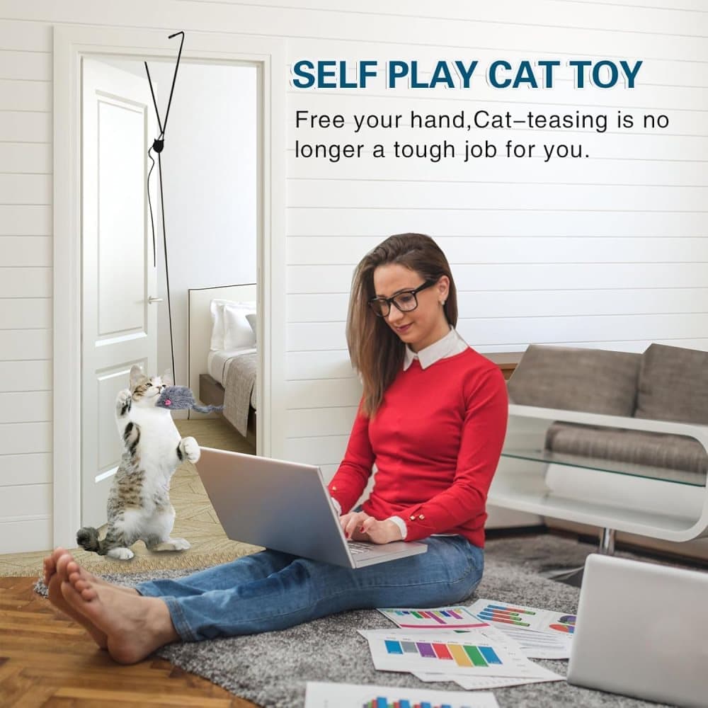 Cat Toy with Mouse and Feather, Hanging Door Toy for Indoor Cats, Stimulating Play - Image 2