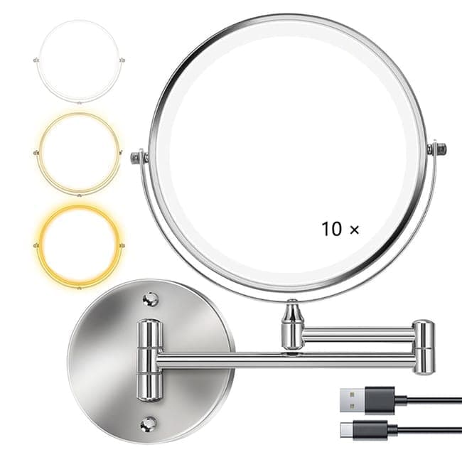8 Inch Wall Mounted Makeup Mirror with Lights, 3x/10x Magnification, Dimmable 3 Light Modes, 360° Rotatable Double-Sided Mirror, Silver - Image 1