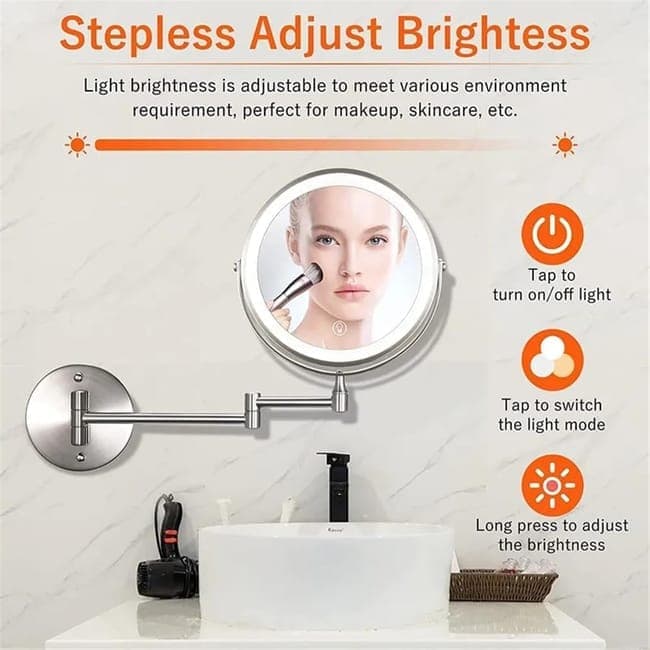8 Inch Wall Mounted Makeup Mirror with Lights, 3x/10x Magnification, Dimmable 3 Light Modes, 360° Rotatable Double-Sided Mirror, Silver - Image 5