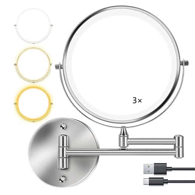 8 Inch Wall Mounted Makeup Mirror with Lights, 3x/10x Magnification, Dimmable 3 Light Modes, 360° Rotatable Double-Sided Mirror, Silver - Image 1