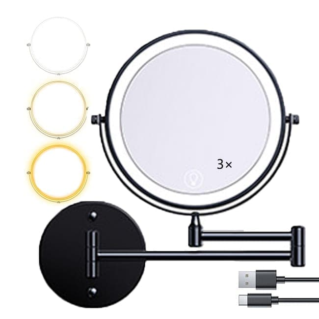 8 Inch Wall Mounted Makeup Mirror with Lights, 3x/10x Magnification, Dimmable 3 Light Modes, 360° Rotatable Double-Sided Mirror, Black - Image 1