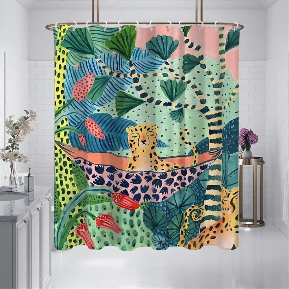 1 Waterproof Jungle Leopard Shower Curtain with 12 Hooks, Bohemian Bathroom Decor, 180x180cm - Image 2