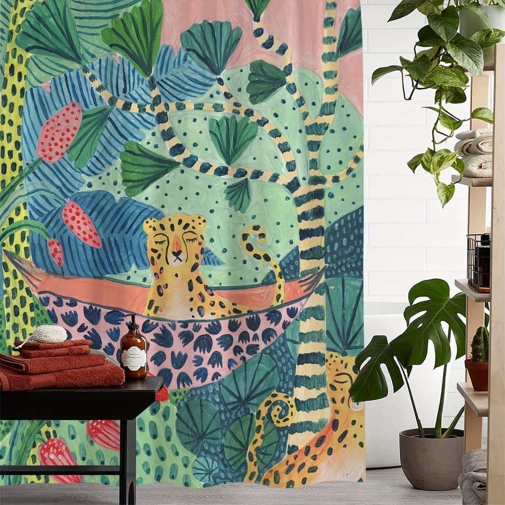 Jungle Leopard Shower Curtain Waterproof Bohemian Bathroom Decor with 12 Hooks, 180x180cm - Image 1