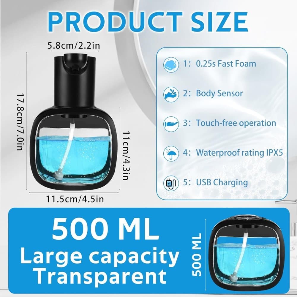 500ml Touchless Automatic Soap Dispenser with USB-C Charging, compatible with Liquid Soap, Black - Image 2